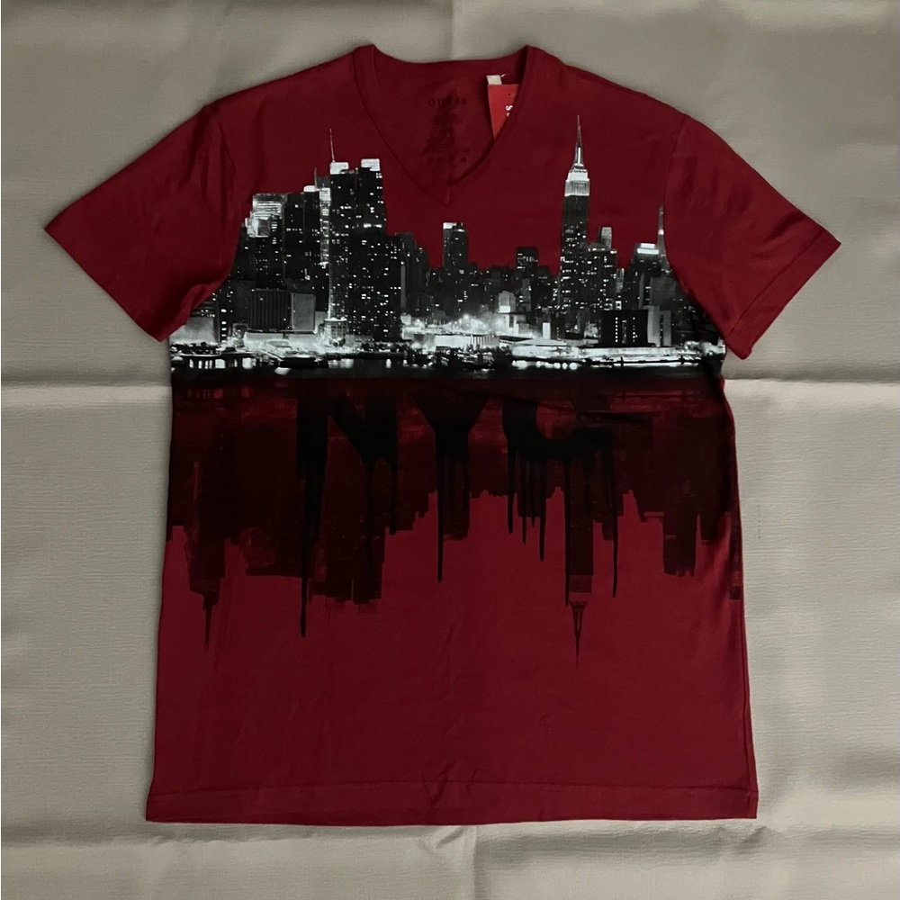 Guess Havana Red (Burgundy-like) NYC Skyline Graphic Men's V-Neck Tee